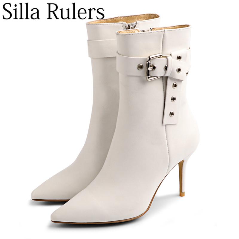 

Silla Rulers 2020 New Real Leather Thin Heels Boots Woman White Pointed Toe Belt Metal Buckle High Heel Women Boots