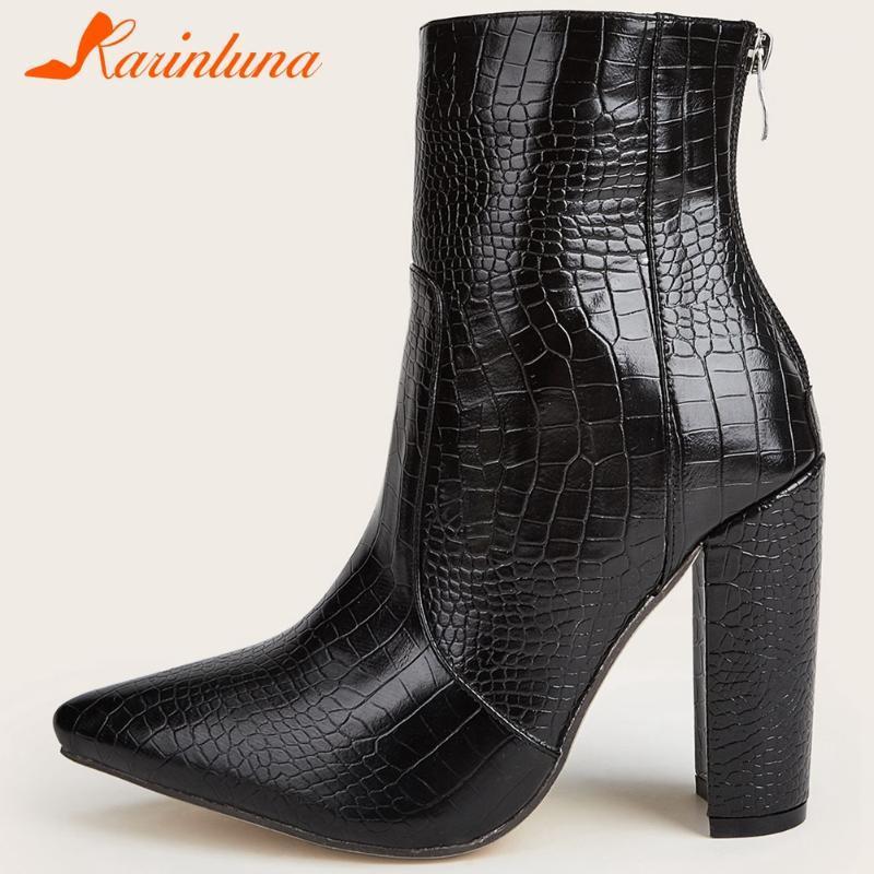 

Karin Dropship High Quality Shoes Office Ladies Pointed Toe Thick Heels Zip Stone Pattern Ankle Boots1, Black