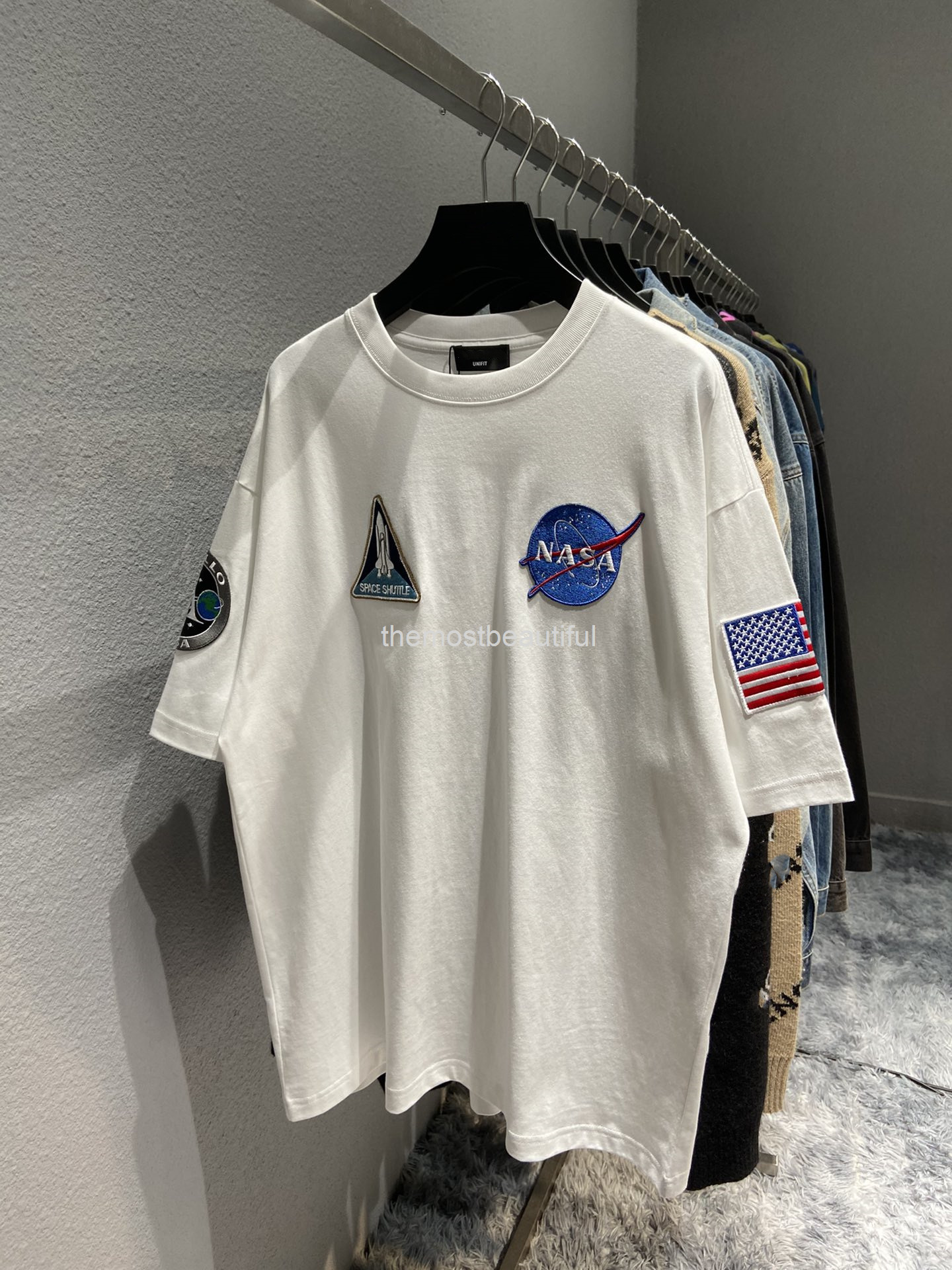 

Women's T-Shirt Spring and summer high version b joint NASA aviation embroidery Pullover round neck loose Unisex T-shirt short sleeve, 2# packing bag