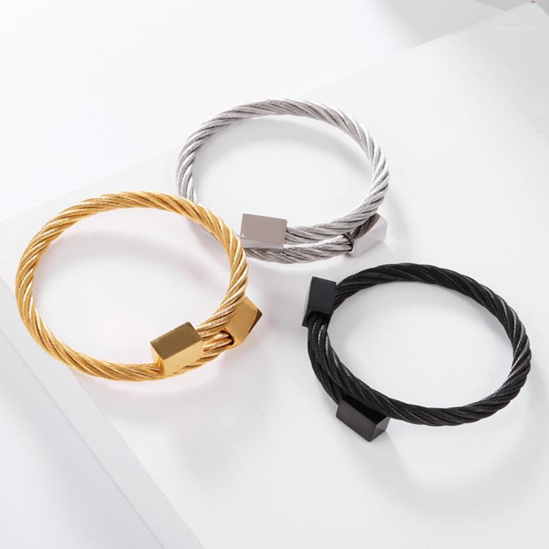 

New stainless steel open-ended Bracelet men's and women's titanium steel square tricolor set stainless wire bangles1