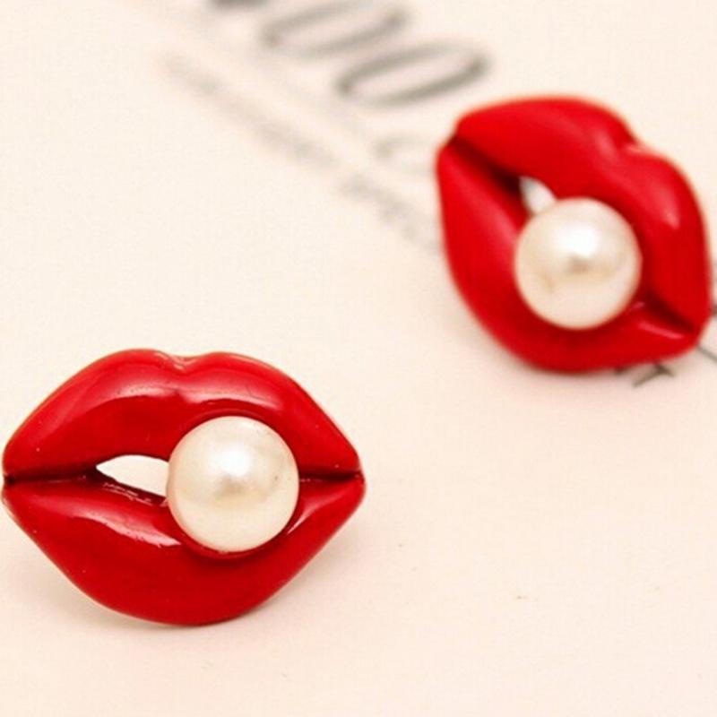 

Stud 1 Pair Red Mouth Love Sexy Pink Lips Rhinestone Simulated Pearl Earrings Female Jewelry Factory Outlets1