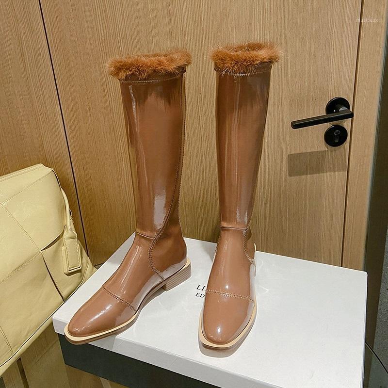 

female shoes brand designer warm boots winter shoes woman patent leather knee high boots high quality leather riding snow1, Black
