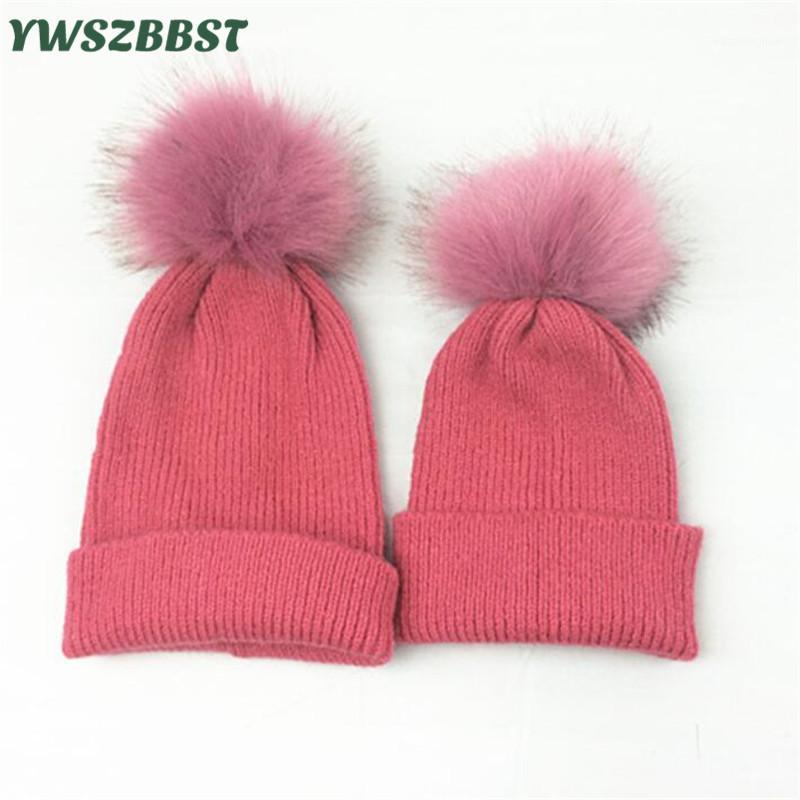 

2Pcs/lot Winter Mom Baby Hats Baby Caps Knitted Wool Caps for Girls Boys Toddler Crochet Beanies Fur Ball Cute Mom Dad Hats1, Beige 2pcs