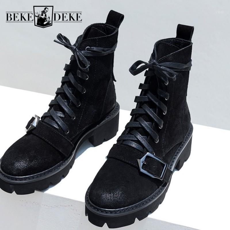 

Winter Women Cow Suede Leather Motorcycle Boots Lace Up Block Heels Ankle Boots Fashion Buckle Warm Fleece Lining Shoes Big Size1, Black normal