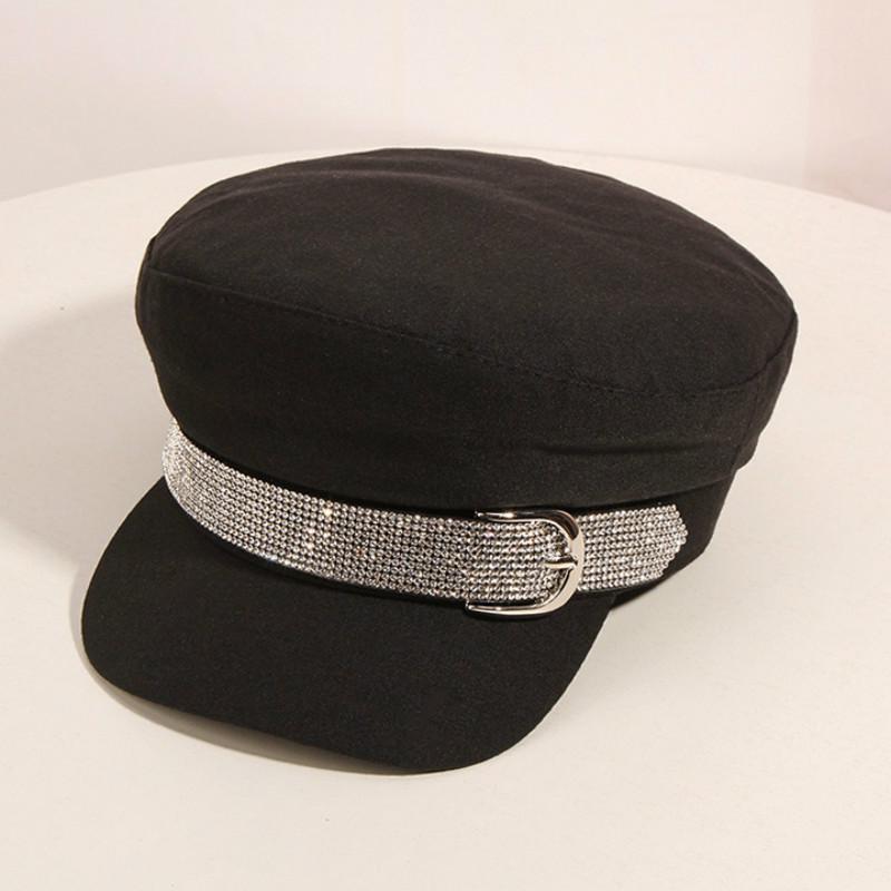 

H752 Beret Hat Women Spring Autumn Korean Temperament Metal Buckle Diamond Decoration Navy Cap Girl British Vintage Fashion Caps, Black