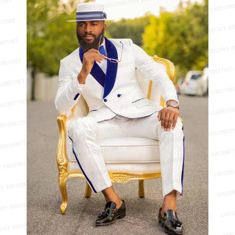 

Men Wedding Suit White 2 pieces Set Slim fit Royal Blue Velvet Lapel Double Breasted Blazer Bridegroom Dress Tuxedo Jacket Pants, Black