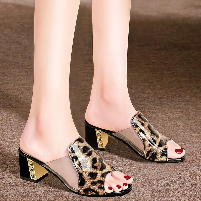 

Summer Leopard Peep Toe Woman Square Heel Women Sandals Comfort Shoes Female Slides Fashion 2021 Ladies Slippers High Heels, White