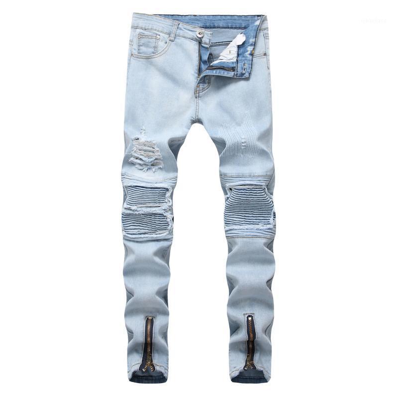 

Fashion Skinny Men Jean Slim Elastic Washed Ripped Hole Hip Hop ZipperPants Men's Blue Denim Biker Jeans Plus Size O8R21