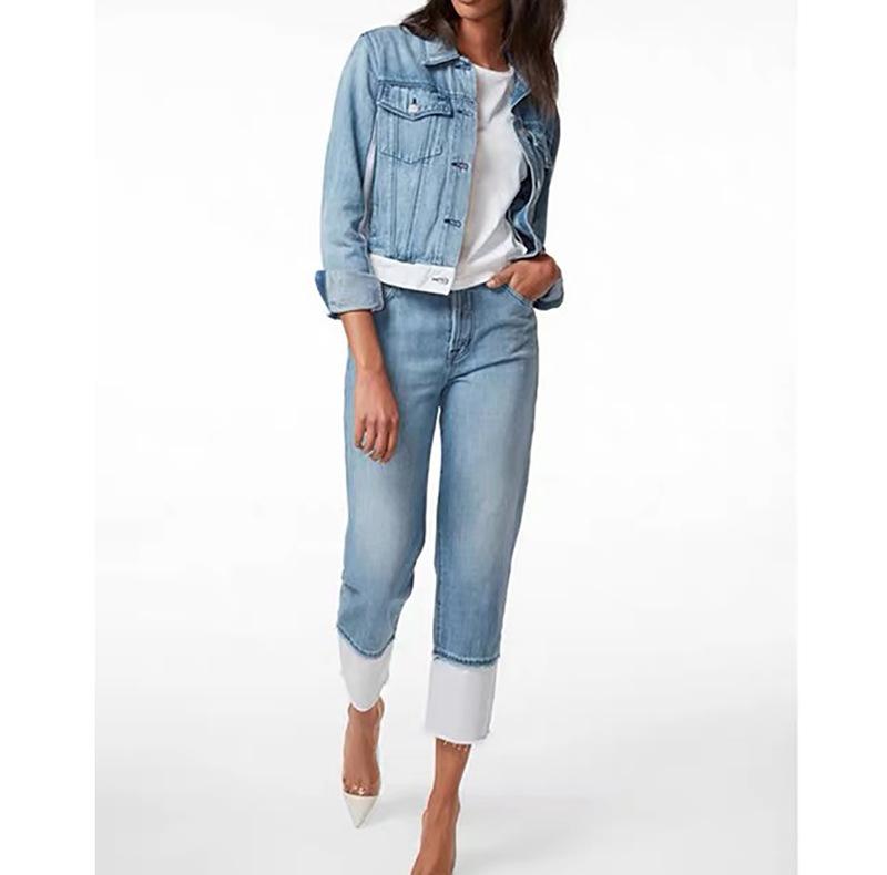 

Pants 2020 Autumn and Winter All-match Fashionable High-waist Stitching Washed Jeans Straight Leg Pants Women, Light blue