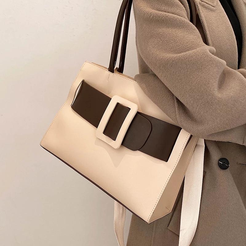 

Contrast color Large Tote bag 2021 New High-quality PU Leather Women's Designer Handbag High capacity Shoulder Messenger Bag, Beige with coffee