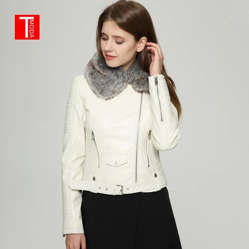 

TMODA281 2020 Hot Women Winter Warm Faux Leather Jackets with Fur Collar Lady White Pink Motorcycle & Biker Outerwear Coats, Ivory