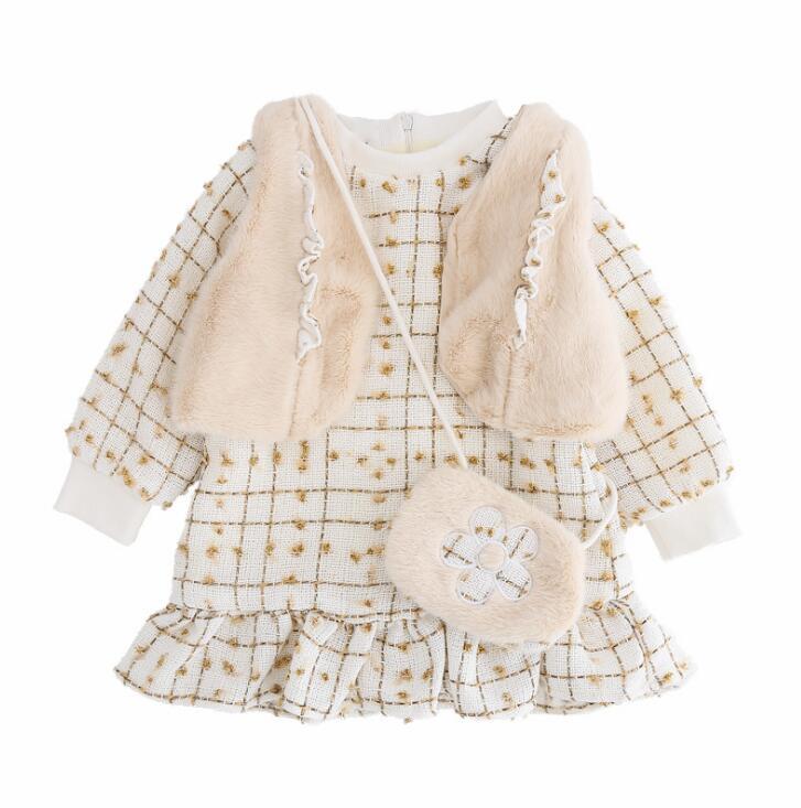 

2021 Baby Girls Winter Sets, Fleece Dress + Fur Vest 5 sets/lot, Wholesale, Free Shipping, Black