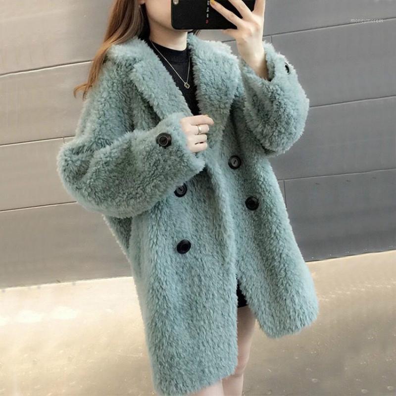 

2021 Women Autumn Winter Faux Lamb Wool Fur Coat Female Notched Sheep Shearing Jackets Lady Casual Loose Mid-long Outerwear E2651, White