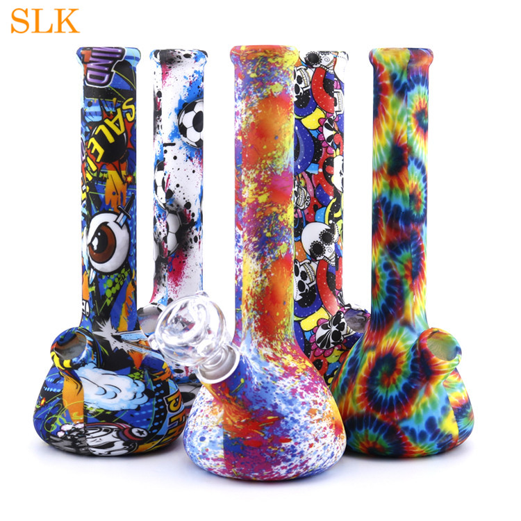 

8.6'' mini beaker water pipes straight bong non fading colorful pattern silicone bongs glass oil burner dabs rig water bubbler Hookah