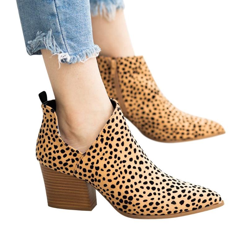 

Casual platform Boots Women's Fashion Leather Leopard Ankle Zipper boots Ladies Thick Pointed Toe Shoes, Beige