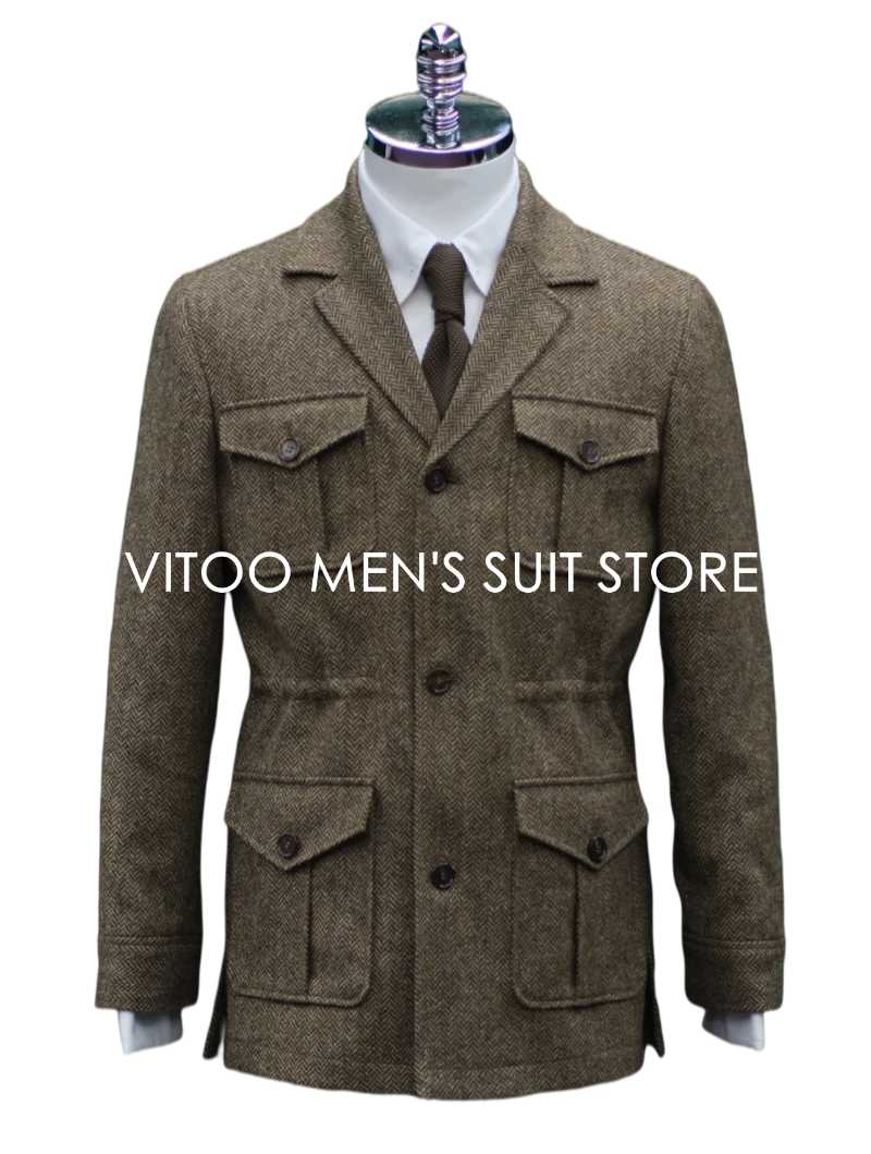 

Men's Suits & Blazers Winter Tweed Herringbone Men Suits/Classic Safari Jacket With Four Envelope Pocket/Unique Design Casual Male Clothing, Brown
