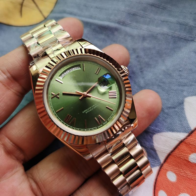 17 types men automatic Self-wind 40mm Rose Gold watch Green dial sapphire glass Stainless steel DAYDATE no battery 2813 sweeping