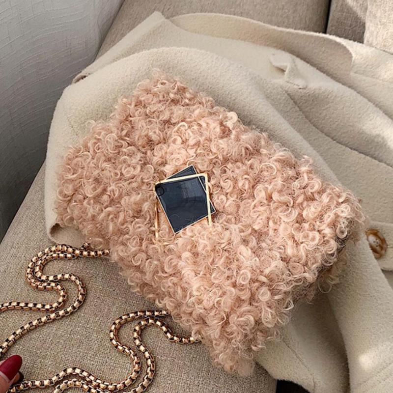 

Elegant Female Square Crossbody bag 2020 Winter New Quality Soft Plush Women's Designer Handbag Chain Shoulder Messenger Bag, Black