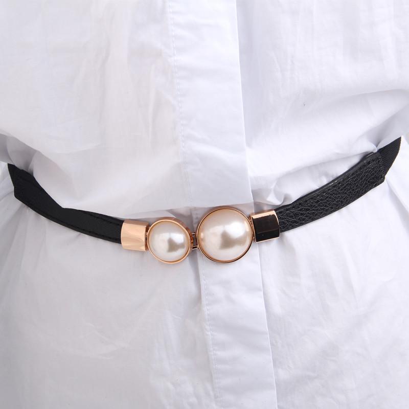 

Fashion Thin PU Leather Belt Simulated Pearl Elastic Waist Belts Women Dress Skirt Decoration Fashion Girles Gifts, Black