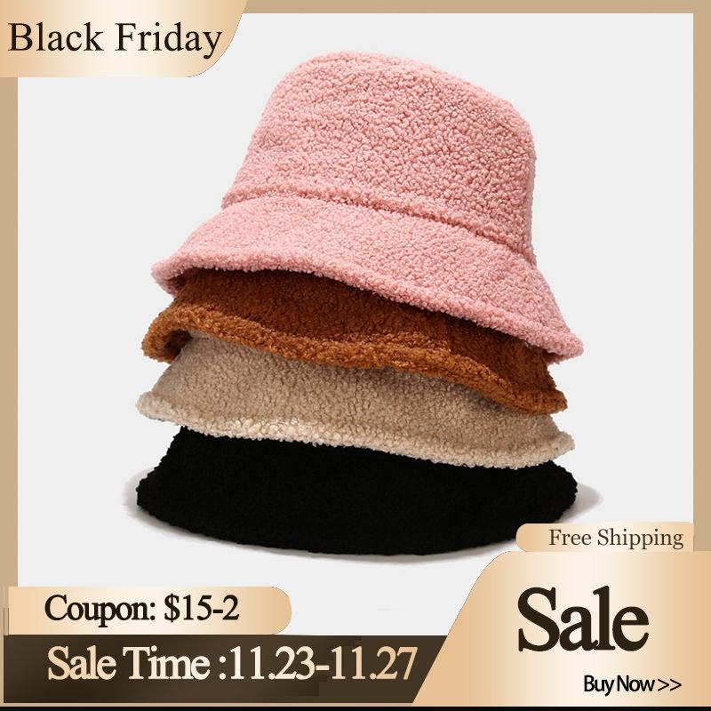 

Lamb Faux Fur Bucket Hat Thickened Warm Teddy Velvet Winter Hats For Women Lady Bob Panama Outdoor Plush Fisherman Hat, Black