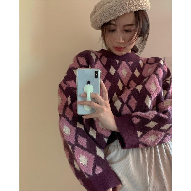 

Knitted Plaid Pullovers Loose Autumn Winter Clothes Women O-neck Sweaters Vintage Long Sleeve Oversize Fashion Brand New, Blue