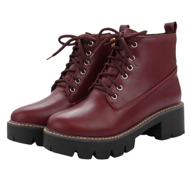 

New Women's Leather Boots Winter Lace Up Casual Short Boot Lady Fashion Mid Heel Ankle Boots Party Work Shoes Big Size, Black