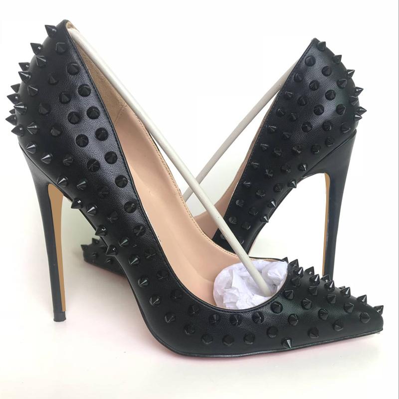 

2021 Fashion free shipping black spikes Studded Leather Poined Toe Stiletto high heel shoe pump HIGH-HEELED SHOES dress shoes, 10cm