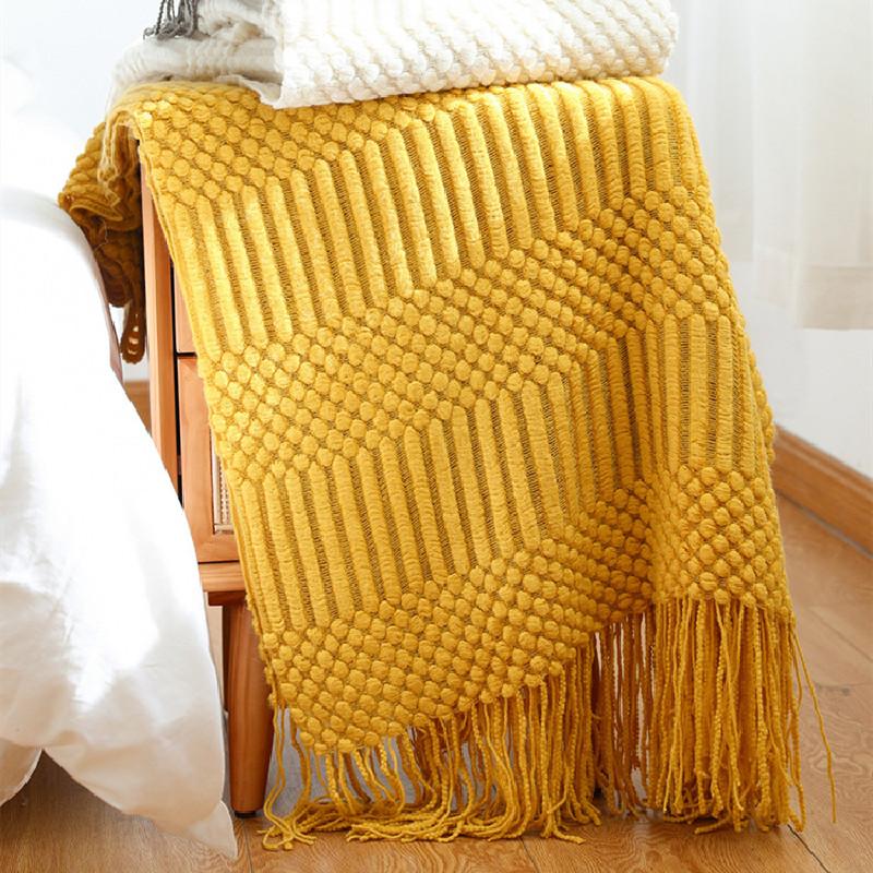 

Nordic Knitted Throw Blanket with Tassel Sofa Blanket Bedspread Travel Soft Yellow Navy Blue