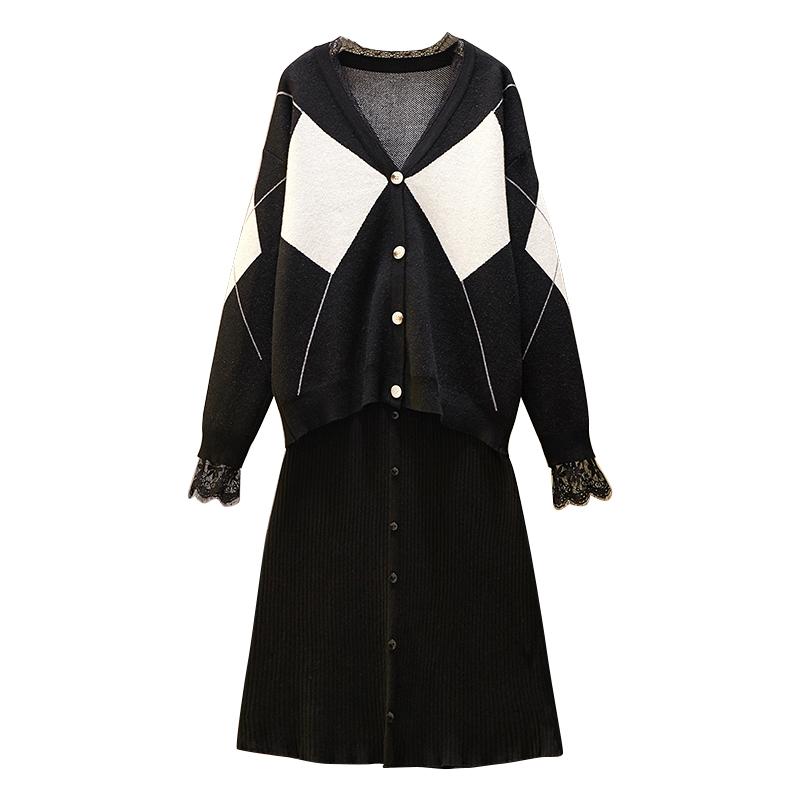 

Autumn Winter Women Outfit New Two Pcs Leisure Suits Knitted Cardigan Sweater Strap Dress 2 Pcs Set Clothing Loose Top Big Size