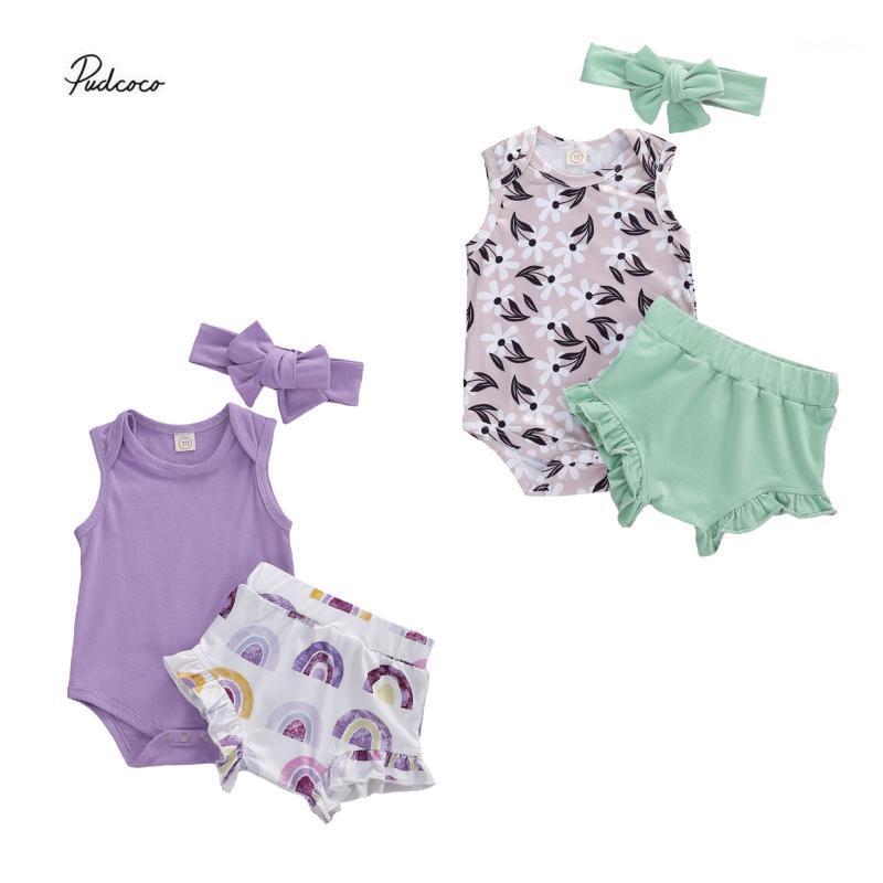 

2020 0-24M Summer Baby Girl Clothes Lovely Floral /Solid Cotton Bodysuit Top Rainbow Print Tutu Pants 2Colors Lovely Outfit Set1