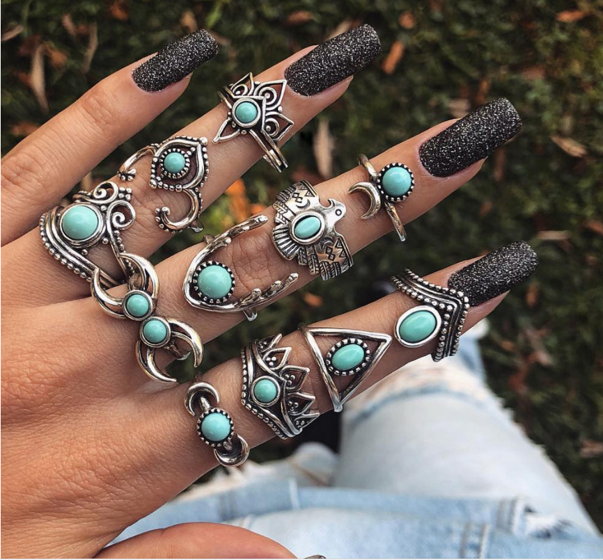 

2020 New Jewelry Europe and America Exaggerated Turquoise Crescent Owl 11 Piece Alloy Set Ring Anniversary Anniversary