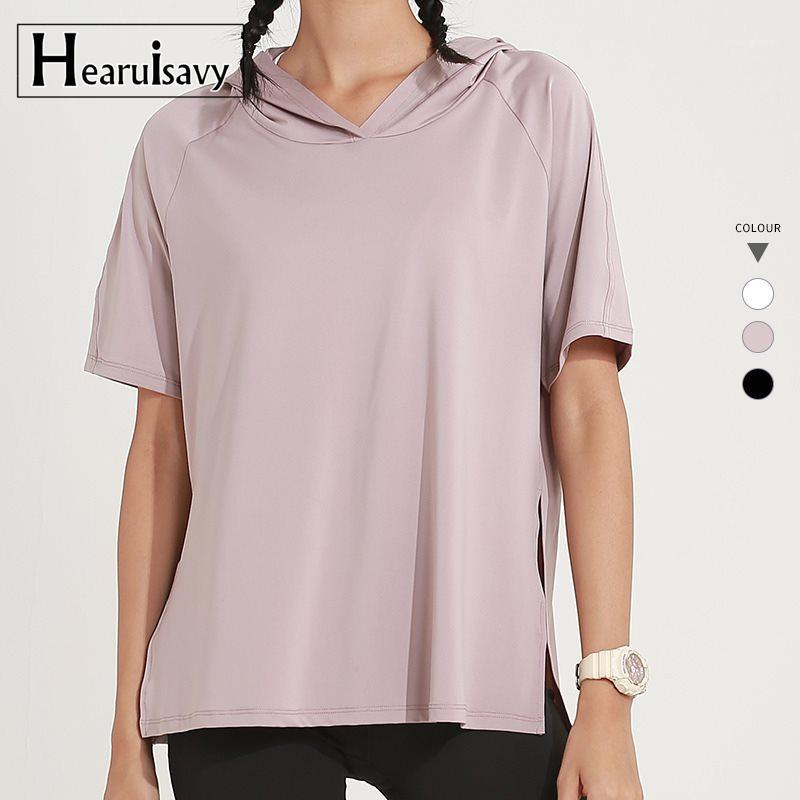 

Hooded Training Running T-shirt Loose Fitness Clothing Gym Female Breathable Quick-dry Short Sleeved Yoga shirt Top Women Tees1, Black