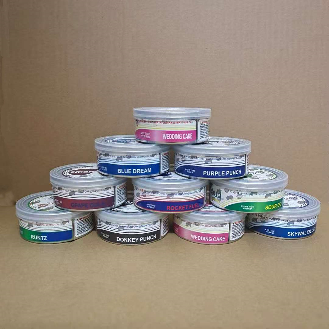 

Pressitin cans Smart bud Flavors Sticker 66*27mm Cali pressitin tuna Tin Can 3.5g dry HerbTin Clear Peel Off Lid Cover Smell proof