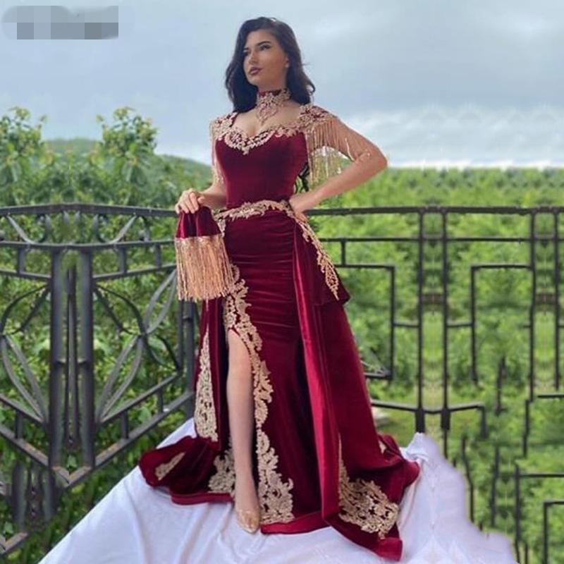 

Luxury Arabic Mermaid Velvet Evening Dresses With Detachable Train Side Split Applique Lace Prom Gowns High Neck Tassel Algerian Outfit, Customize