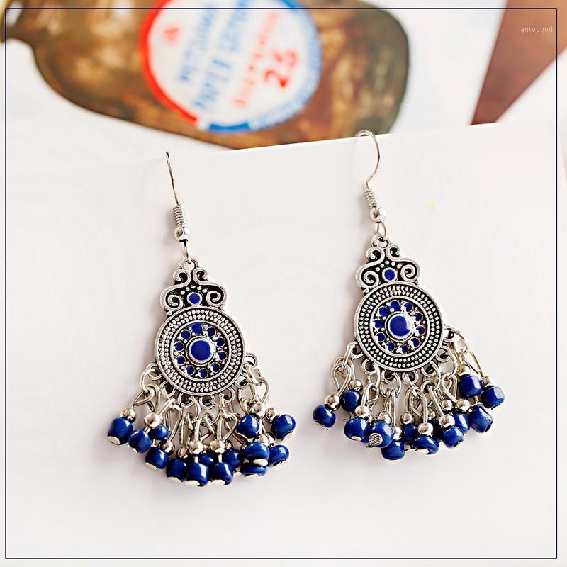 

Dangle & Chandelier Retro Women's Blue Beads Tassel Jhumki Earrings Jewelry Ethnic Bohemia Silver Color Alloy Drop Earrings1