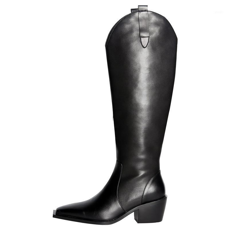 

2020 New Square Toe Cow Leather Knee-High Boots Crude Heel Belt V Tube Women Shoes Handsome Cowboy Riding Boots Autumn Winter1, Black