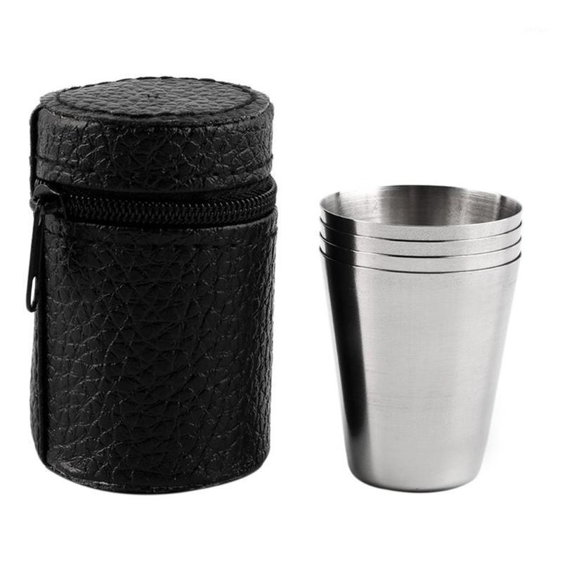 

Portable silicone Stainless Steel water bottle Coffee Beer With Case outdoor travel Camping Holiday Picnic Folding Cup1, 4pcs 30ml