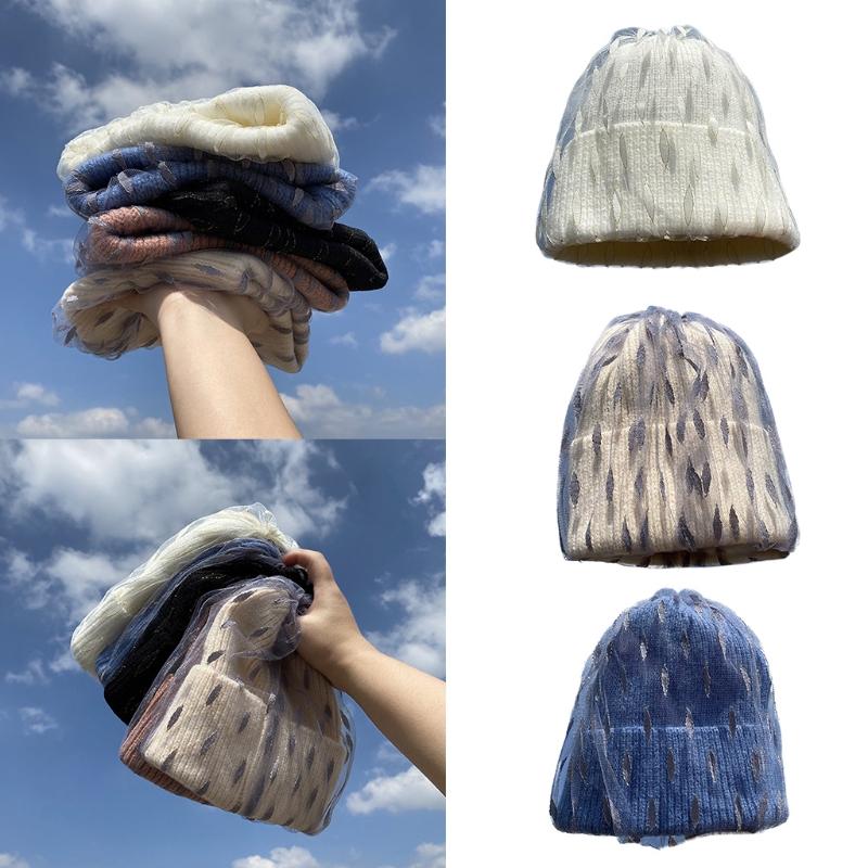 

Women Winter Warm Knitted Beanie Hat Double Layer Leaves Mesh Veil Harajuku Acrylic Stretch Casual Cuffed Skullies Cap, White