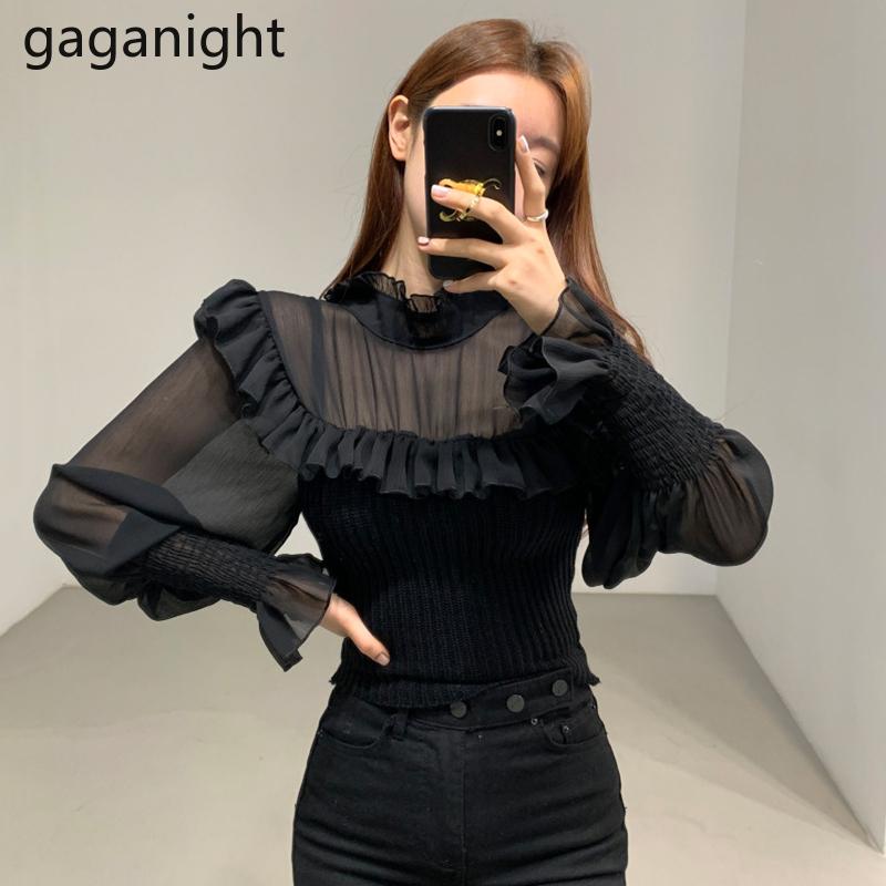 

Gaganight Chic Korean Women Patchwork Chiffon Sweater Lantern Sleeve Elegant Half Turtleneck Pullover Ruffles Knitted Pull Femme, Black