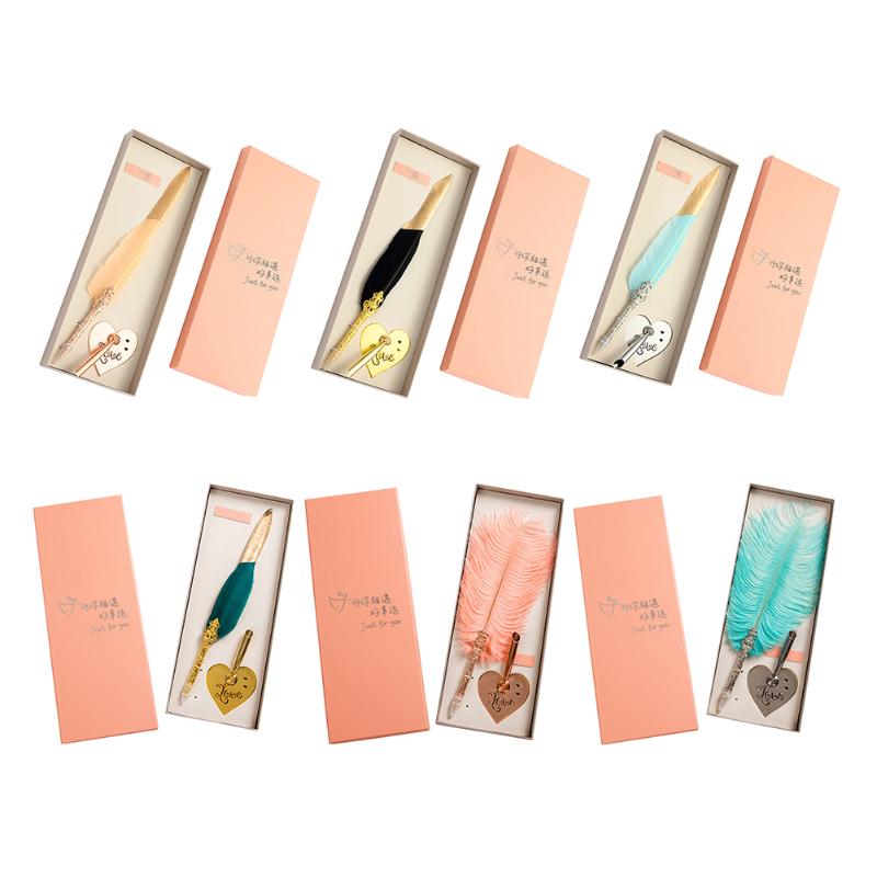 

Gift Box Calligraphy Feather Dip Pen Set Vintage Retro Writing Fountain Pen with Heart Shaped Holder Stand for Wedding Gift