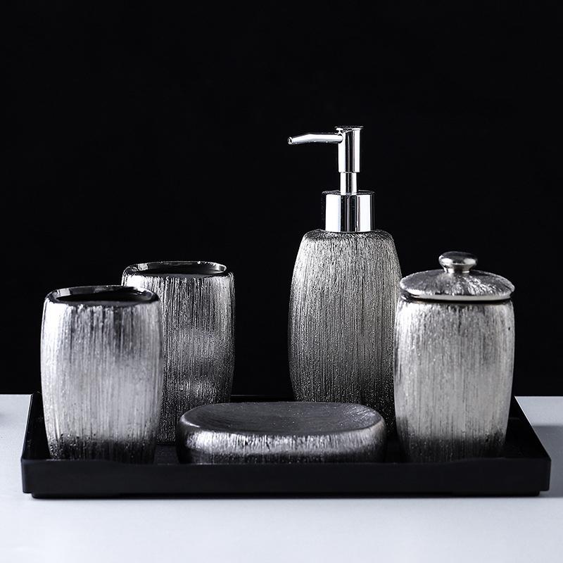 

Electroplated Silver Ceramic Toiletry Set Swab Bottle/soap Dish Lotion Soap Dispenser toothbrush Cup cotton Bathroom 6-piece Set