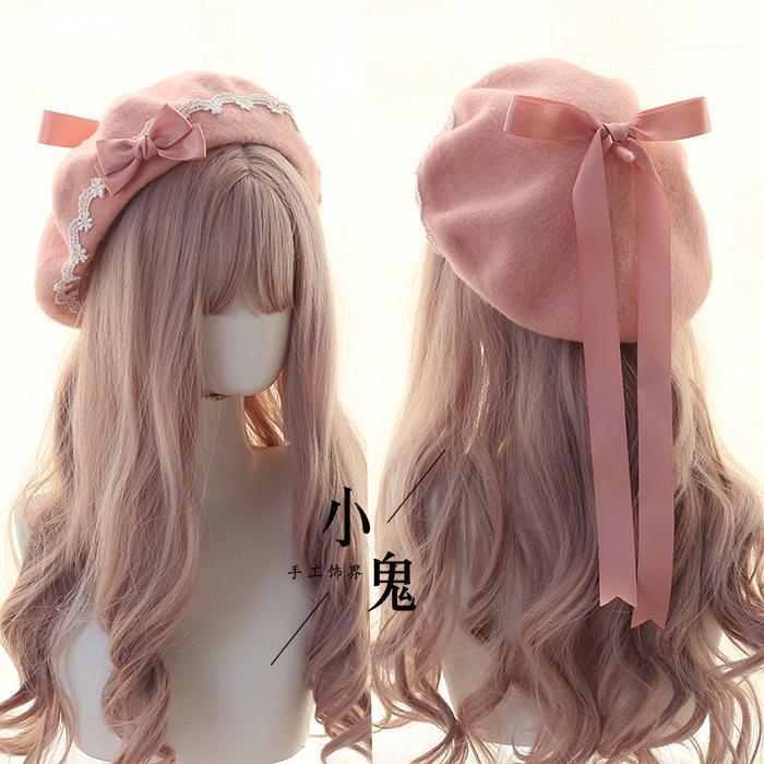 

Japanese Kawaii Beret Hat Lolita Teenage heart Sweet Woolen Handmade Cute Lace Bowknot Warm Autumn Winter Painter Hat Headdress1, Black