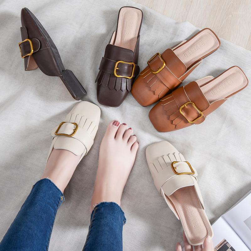 

tassel metal square buckle slippers women outdoor breathable leather mules woman autumn low heel slides woman mules shoes1, Beige