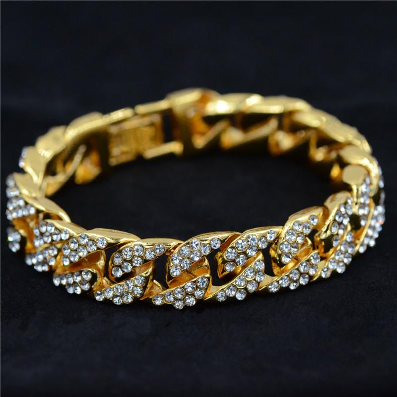 

Uodesign Gold color Men Hiphop iced out bling bracelets fashion rhinestone Miami cuban link chain hip hop bracelet men jewelry