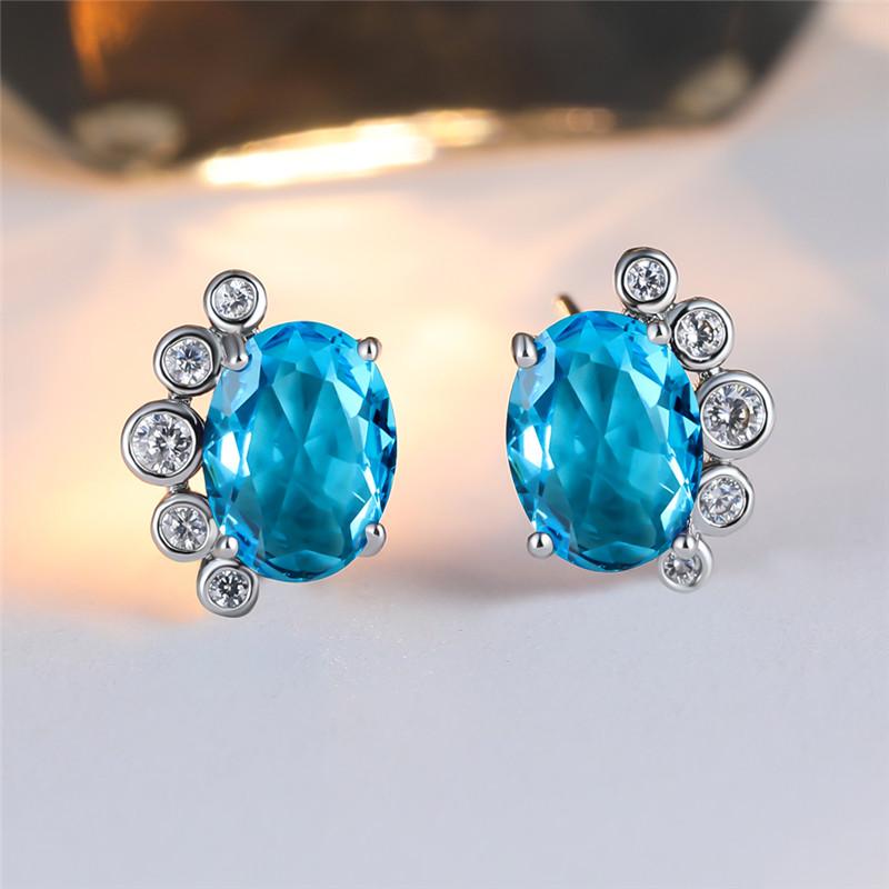 

Aqua Blue Birthstone Cute Oval Zircon Stud Earrings For Women Wedding Jewelry Vintage Silver Color Rainbow Crystal Earrings Gift