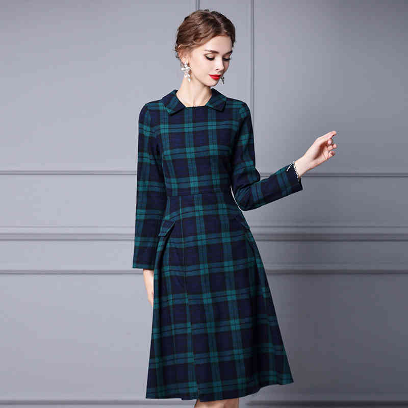 

Casual Dresses Zhili British dress autumn winter check high waist slim long sleeve wool A-line skirt RSXF, Green