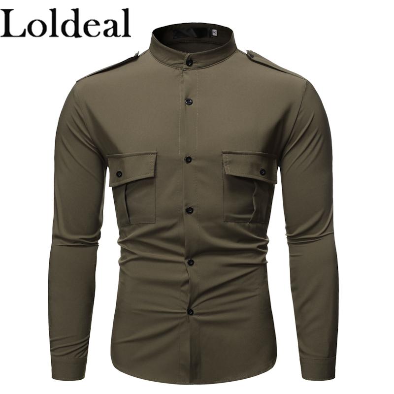

Loldeal Men Long Sleeve Tooling Shirt Solid Color Multi Pocket Cotton Lapel Single Breasted Slim Fit, Black
