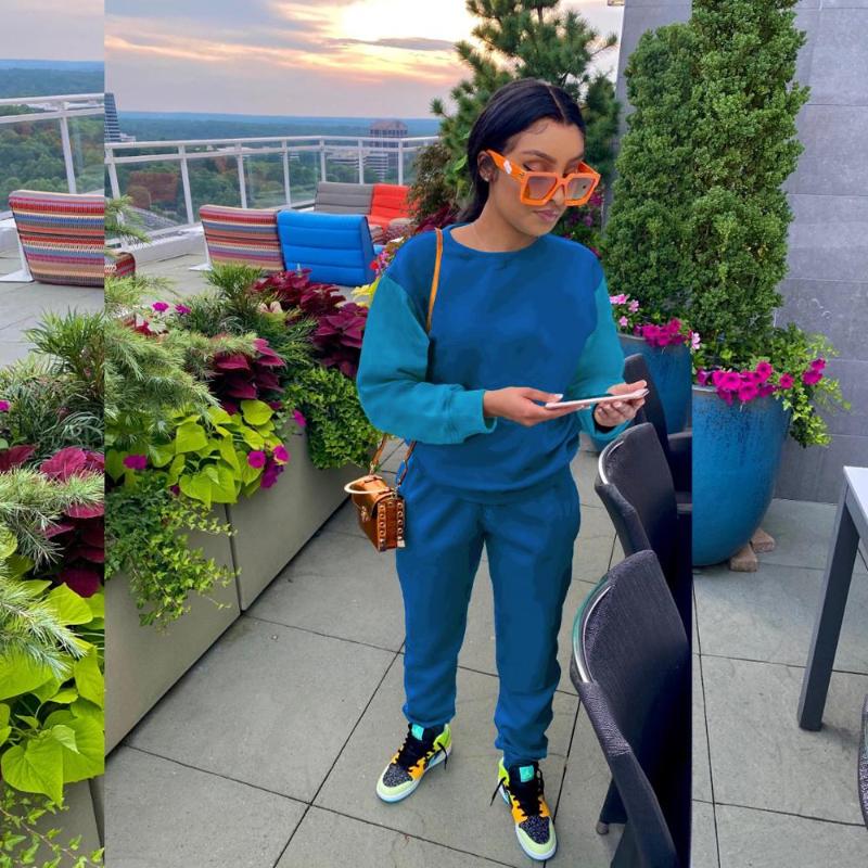 

HHDMV 2020 fashion hot sale street style sets long sleeve round collar top elastic long pants stitching color two piece sets, Blue