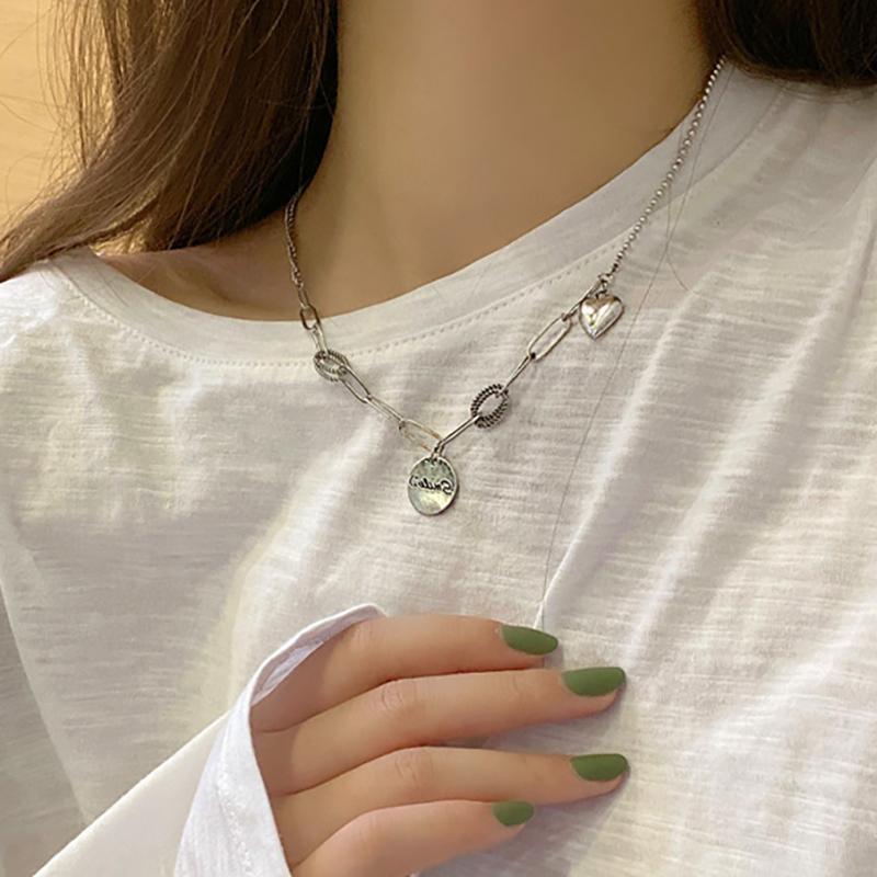 

Vogallery Letter Smile Necklace For Women Fashion Silver Color Chains Coin Pendants Heart Punk Style Jewelry Neck Accessories