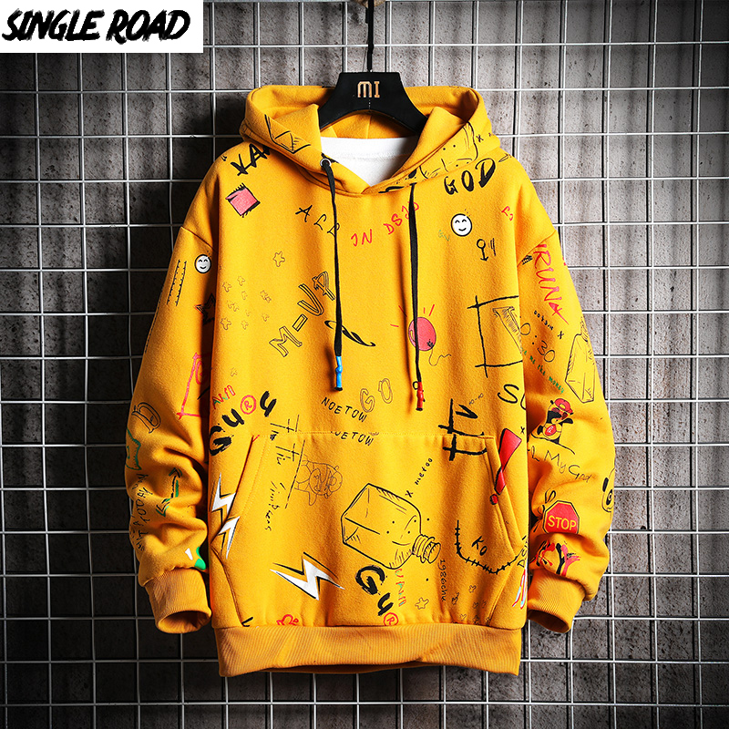 SingleRoad Men's Hoodies Men Women Unisex Winter Fleece Anime Sweatshirt Oversized Japanese Streetwear Yellow Hoodie Men 201201